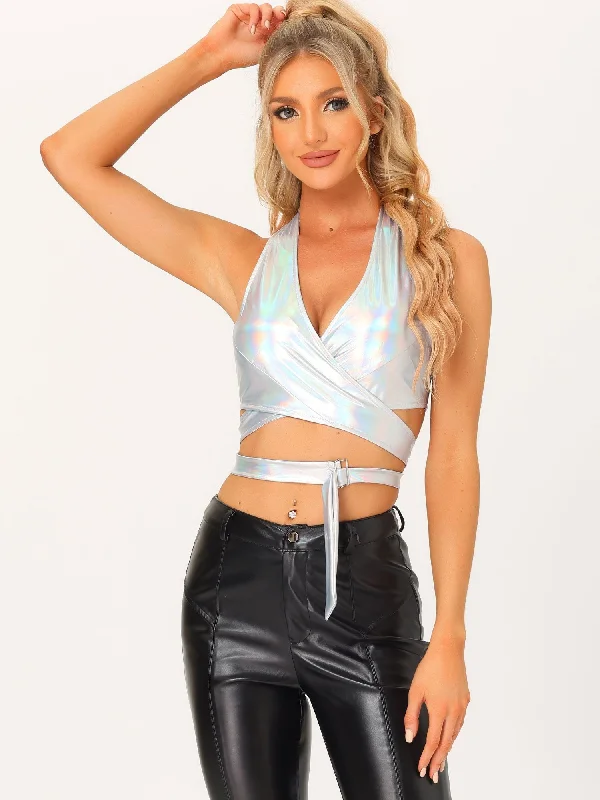 women's tops for those who want to stay updated with the latest fashion trendsMetallic Halter Neck Deep V Neck Backless Holographic Crop Top