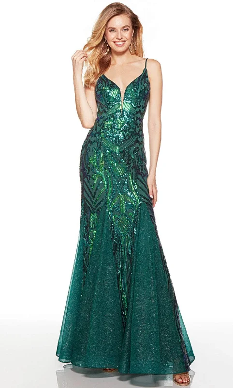 sequined prom dressesAlyce Paris 61420 - Plunging V-Neck Godets Prom Gown