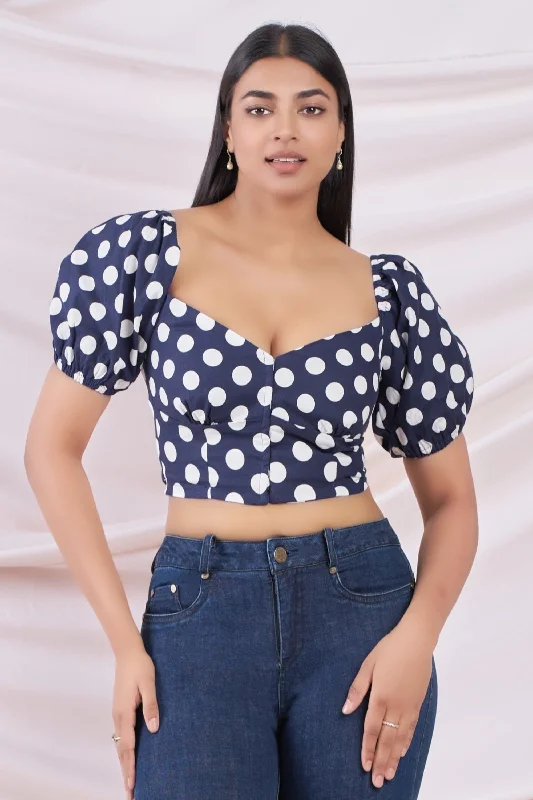 off-the-shoulder women's topsBlue Polka Dot Crop Top