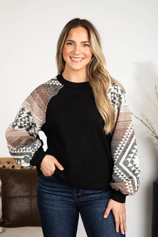 women's tops with bell sleevesBlack Aztec Print Sleeve Knit Top