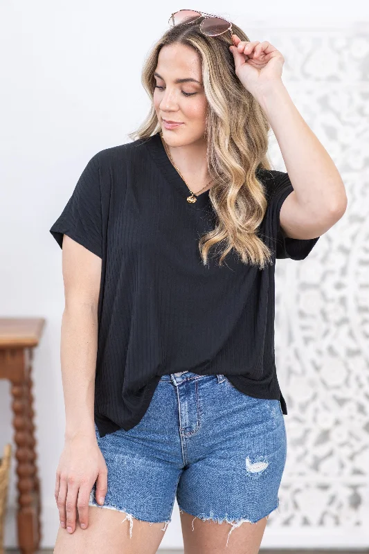 women's tops for those who want to create outfits that are both unique and memorableBlack V-Neck Top With Back Seam Detail