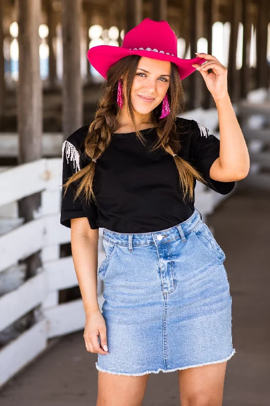 women's tops for cozy nights inBlack Short Sleeve Top With Beaded Fringe