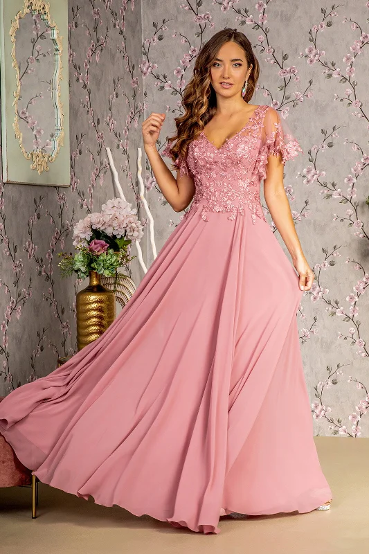 Formal Dress for New Year's EveFloral Applique Short Sleeve A-line Gown by GLS Gloria GL3352