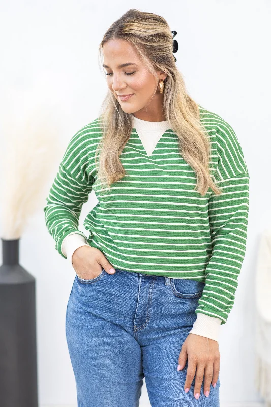 women's tops with flutter sleevesGreen Crewneck Stripe Pullover Knit Top