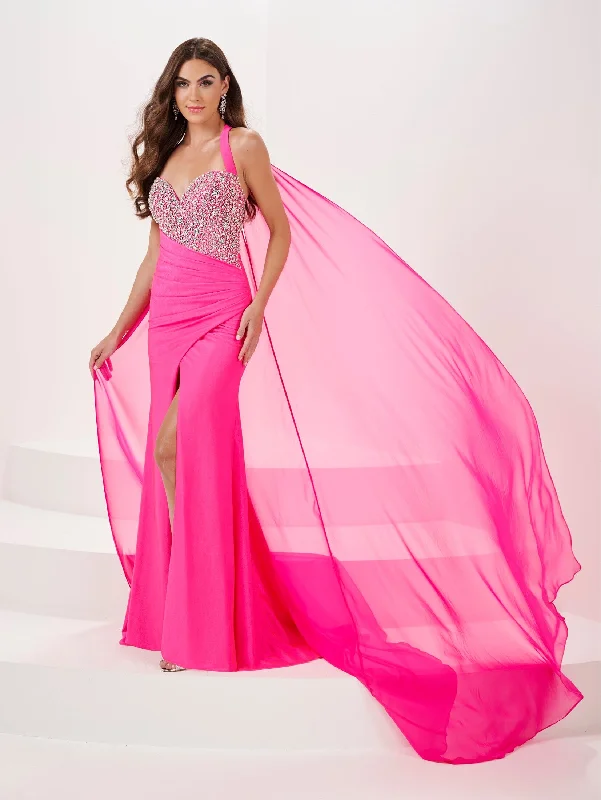 Formal Dress for Beach WeddingsBeaded Spandex Halter Cape Slit Gown by Panoply 14175