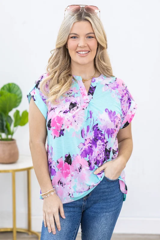 women's tops with cold-shoulder cuts and lace detailingMint and Lavender Print Wrinkle Free Lizzy Top