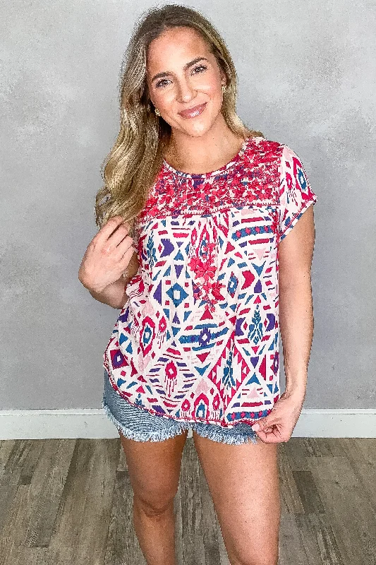 women's tops in solid colorsRaspberry Abstract Print Woven Top