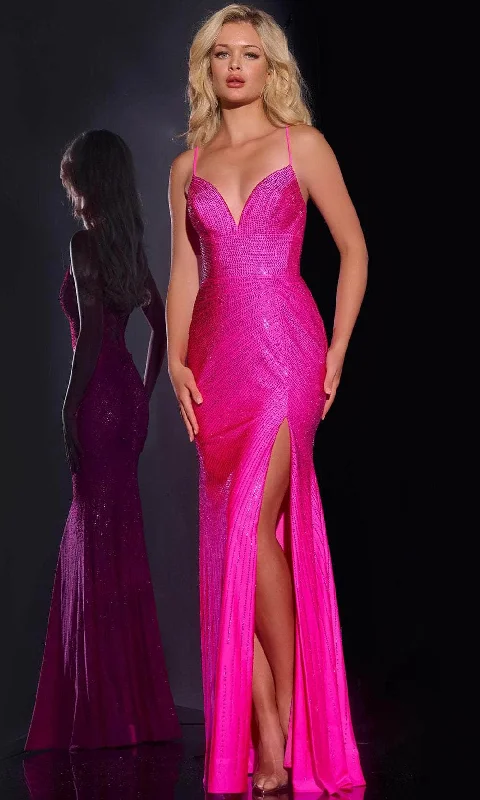 satin prom dressesJovani 36403 - Beaded V-Neck Prom Dress