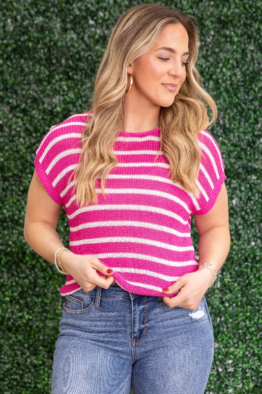 women's tops with geometric patternsPink and White Stripe Drop Shoulder Knit Top