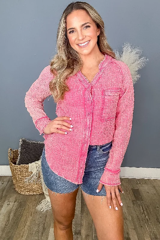 women's tops for boho-chic stylesHot Pink Mineral Washed Button Up Knit Top