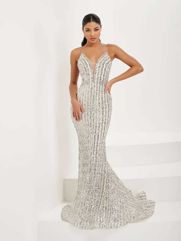 Formal Dress for Day WeddingsFitted Linear Sequin Deep V-Neck Gown by Tiffany Designs 16092