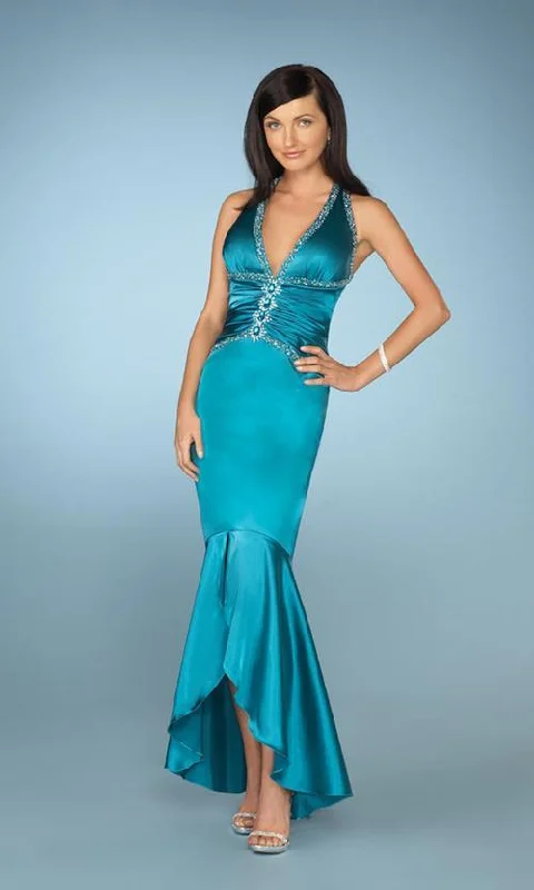 prom dress try-on ideasLa Femme - 12278 Halter V Neck High Low Mermaid Prom Dress