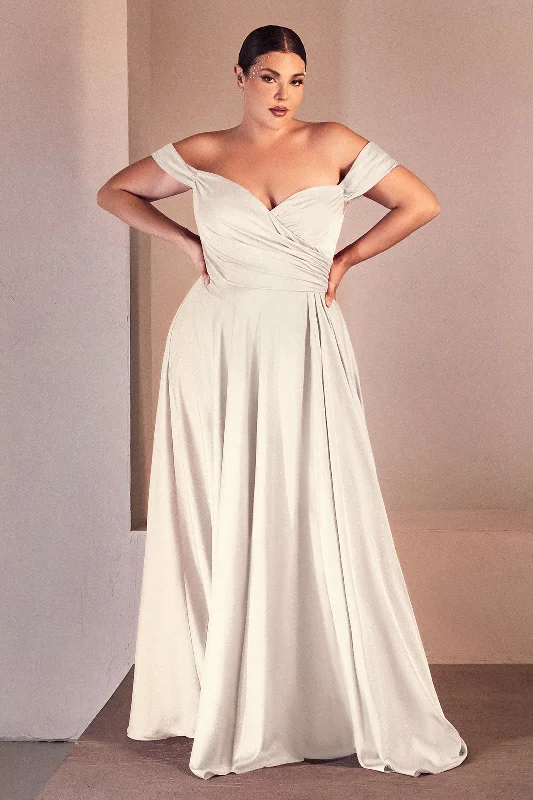 Formal Dress Shops in New YorkWhite Curve Off Shoulder A-line Satin Gown by Ladivine 7493WC