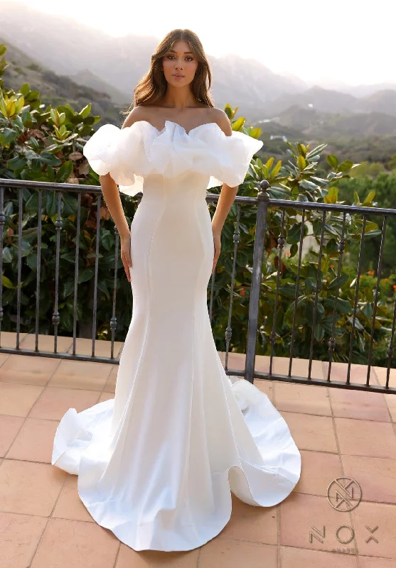 Formal Dress for Golf TournamentsRuffled Off Shoulder Bridal Mermaid Gown by Nox Anabel JW984