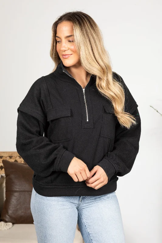 long-sleeved women's topsBlack Mock Neck Quarter Zip Sweatshirt