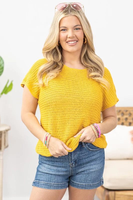 women's tops for those who want to add a pop of color to their outfitsMustard Short Sleeve Sweater Knit Top