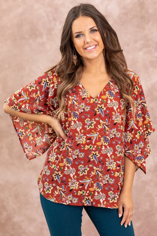 women's tops for maximalist fashion loversMaroon Floral Print Dolman Sleeve Top