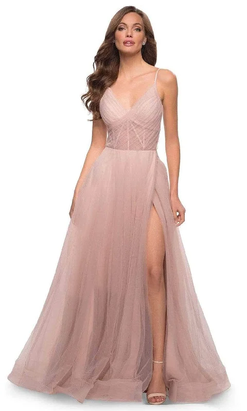 prom dresses for hourglass figuresLa Femme - Ruched V-Neck Prom Gown 29076SC