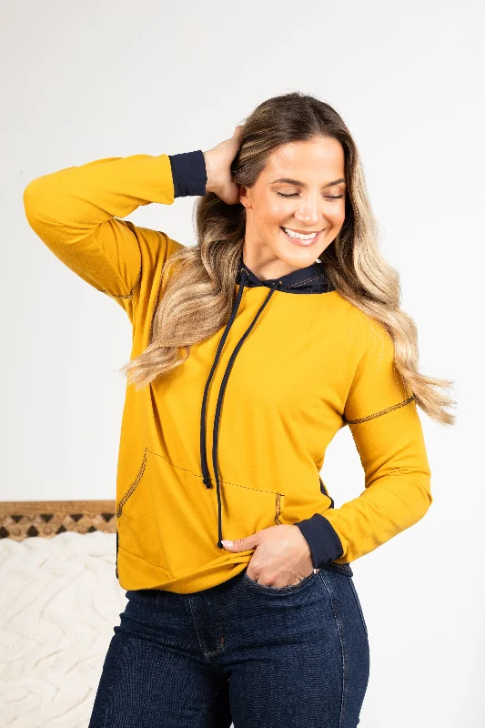 women's tops with geometric patternsMustard And Navy Knit Hoodie Top