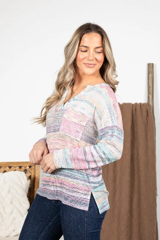 women's tops for those who love to mix and match prints and patternsIvory Multicolor Stripe Hacci V-Neck Knit Top