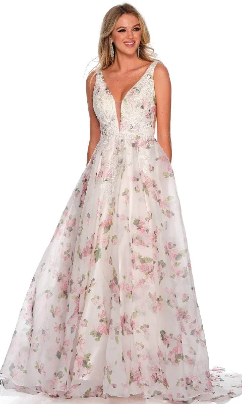 custom prom dressesDave & Johnny 11427 - Plunging V-Neck Floral Printed Prom Gown