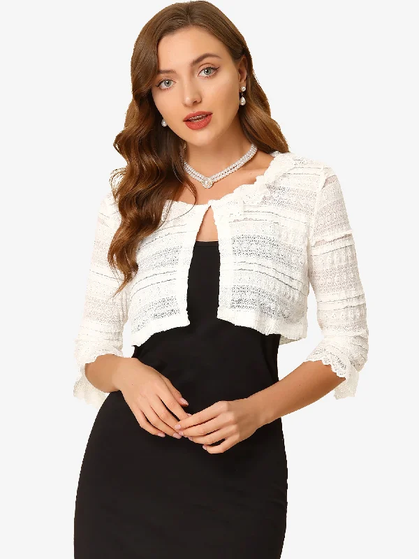 women's tops for those who want to wear pieces that are both functional and fashionableLace Elegant Crop Cardigan 3/4 Sleeve Ruffle Bolero Shrug Top